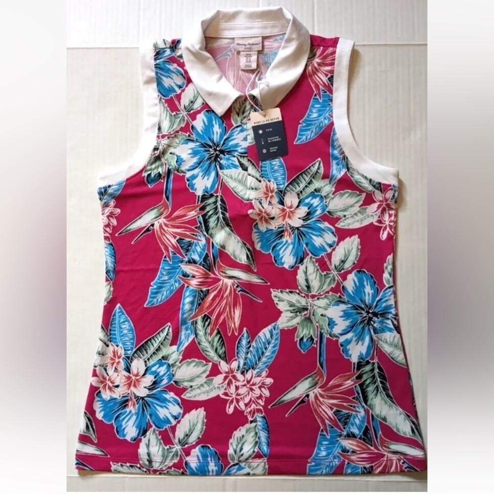 Tommy Bahama Golf 1/4 Zip sleeveless tank top shirt floral pink blue white small